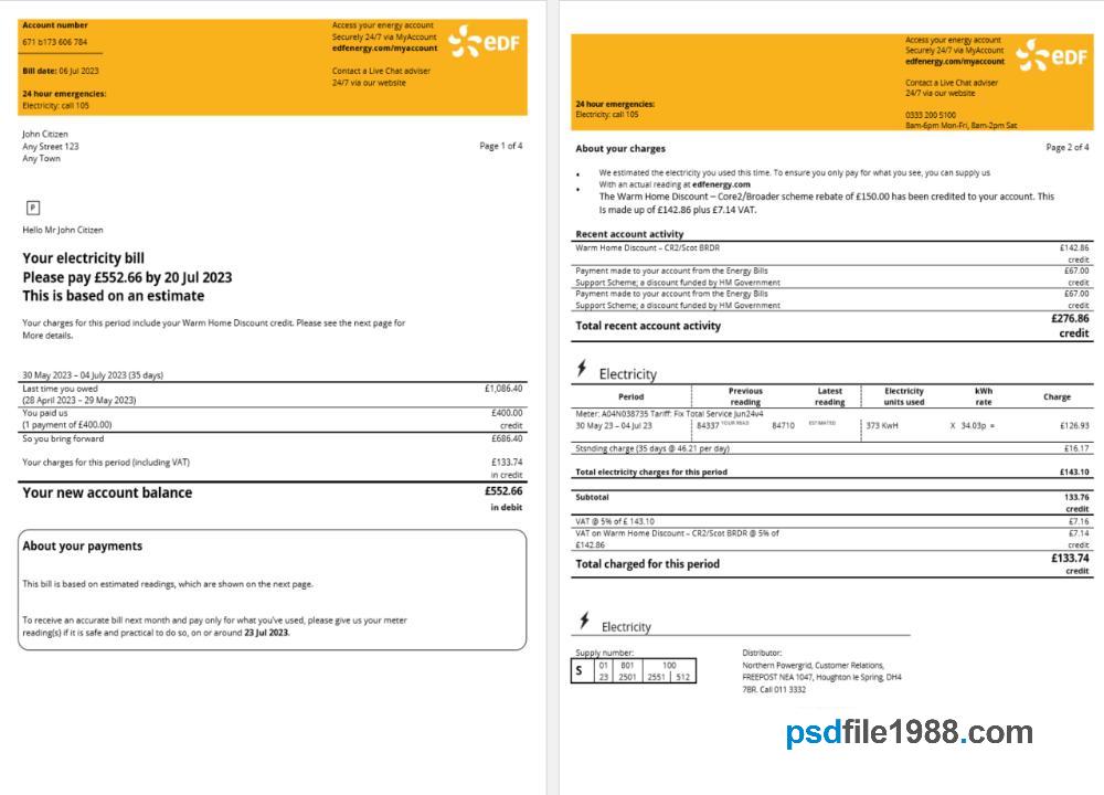 France EDF Energy Utility Bill 4 Pages 1-2